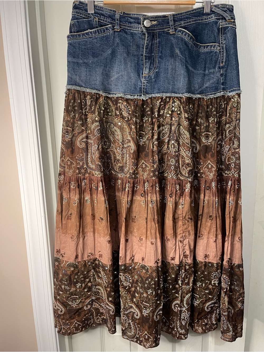 Vintage Denim Brown Mixed Media Boho Western Fairy Grunge Y2K Midi Skirt 12